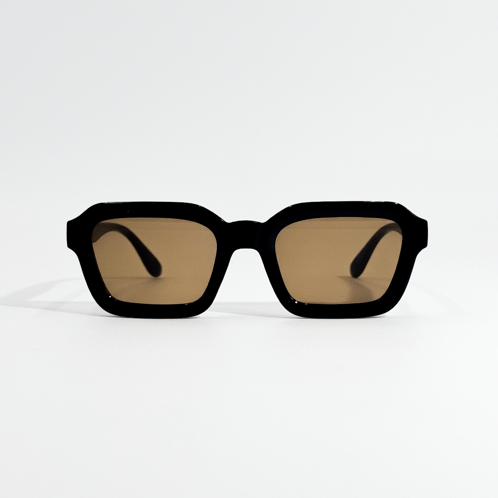 Amber Noir black square sunglasses with brown UV400 lenses on a white background.