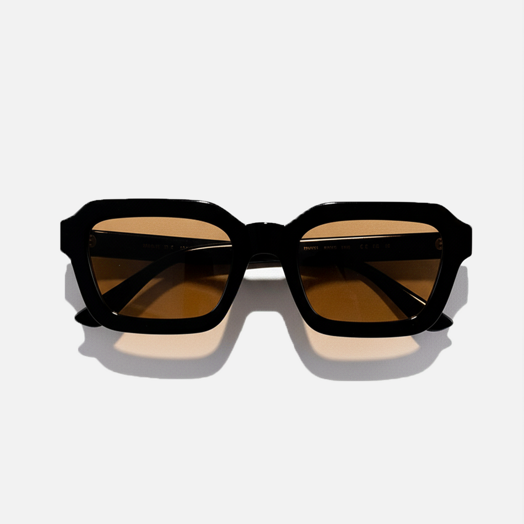 Black square sunglasses with amber brown UV400 lenses, featuring a thick, stylish frame.
