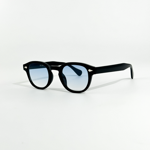 Azure Noir black frame sunglasses with light blue gradient lenses and white temple accents.