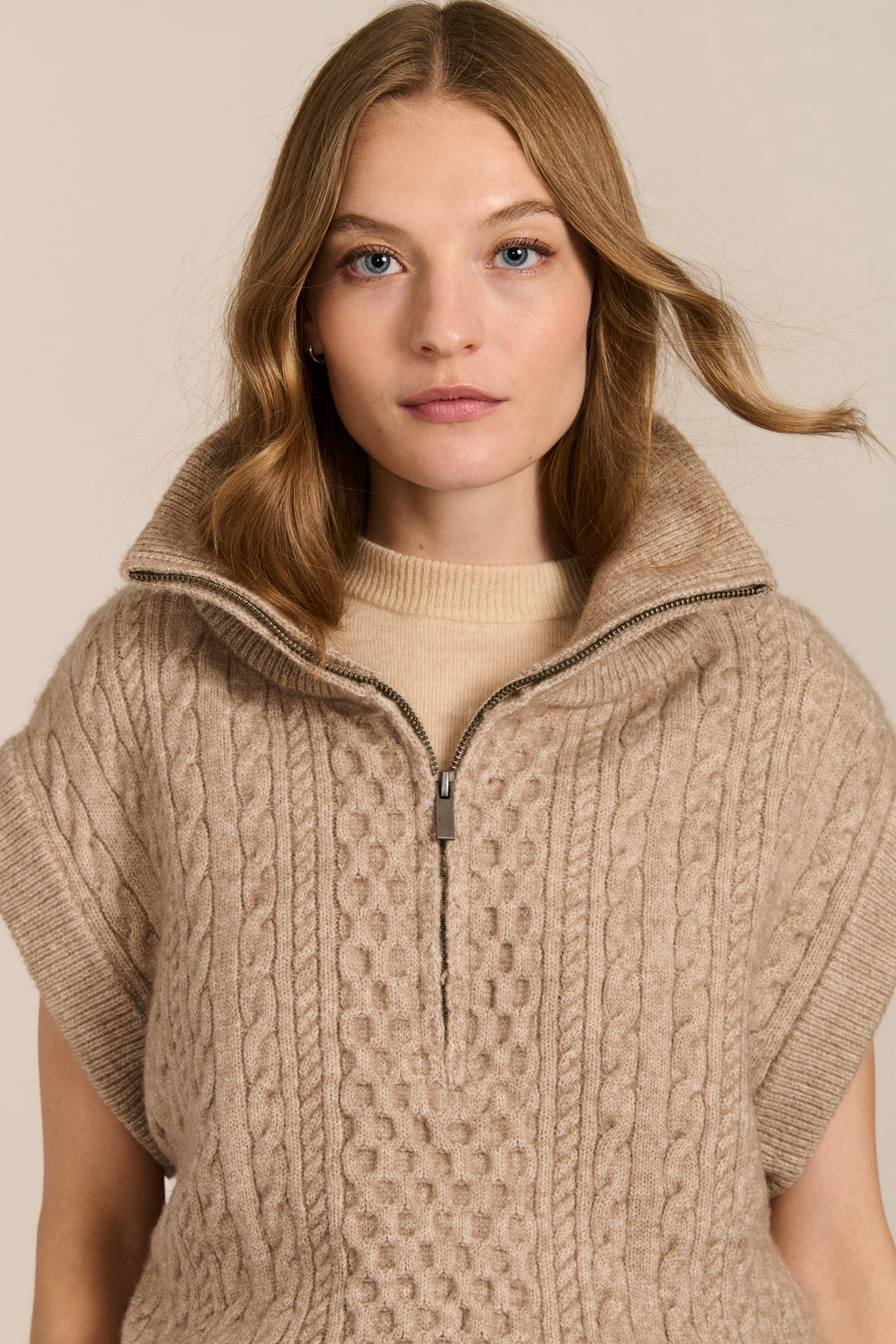 Cable Knit Jumper Vest with Quarter-Zip – Casual Wear, Layering
