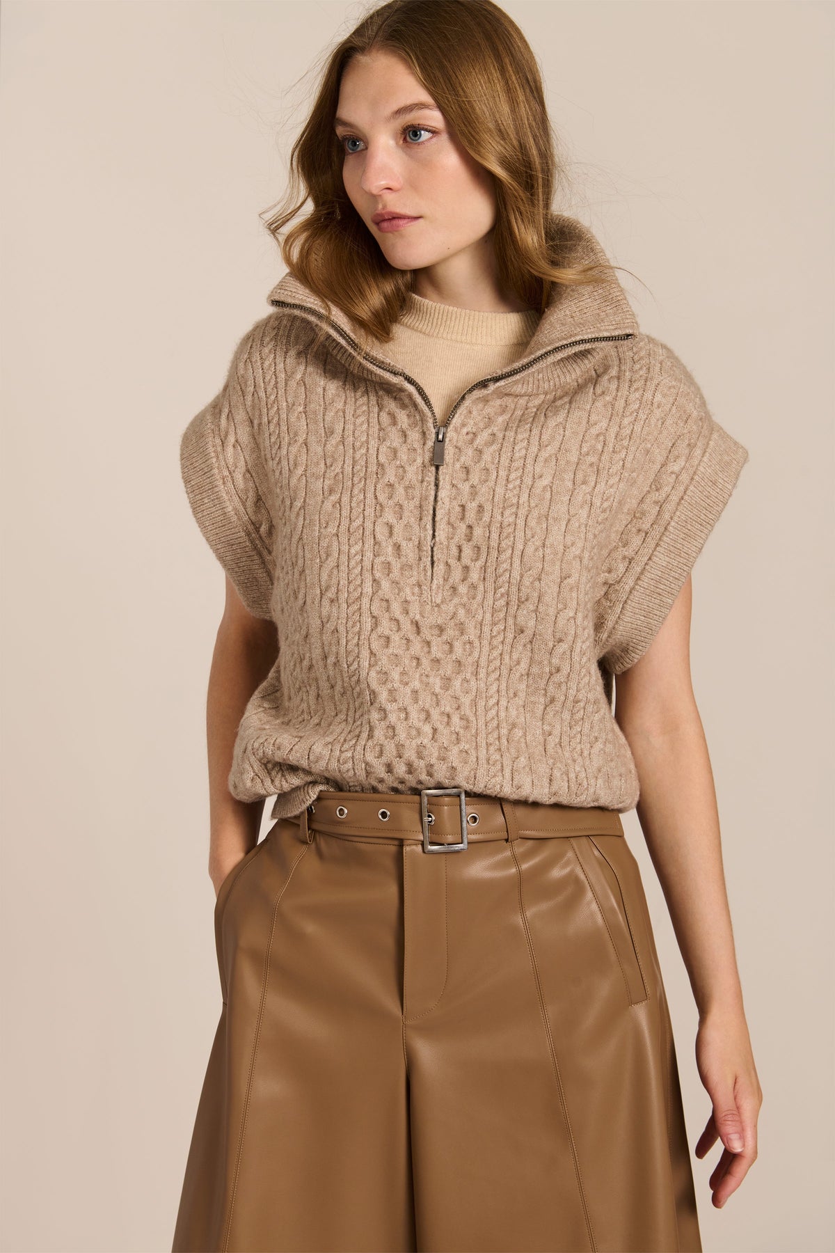 Cable Knit Jumper Vest with Quarter-Zip – Casual Wear, Layering