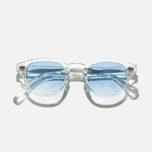 Blue Clarity transparent frame sunglasses with round blue gradient lenses.