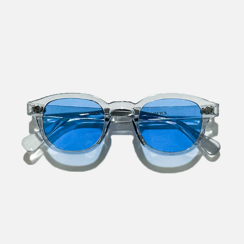 Blue Mirage Circle Collection sunglasses with clear frames and vibrant blue lenses.
