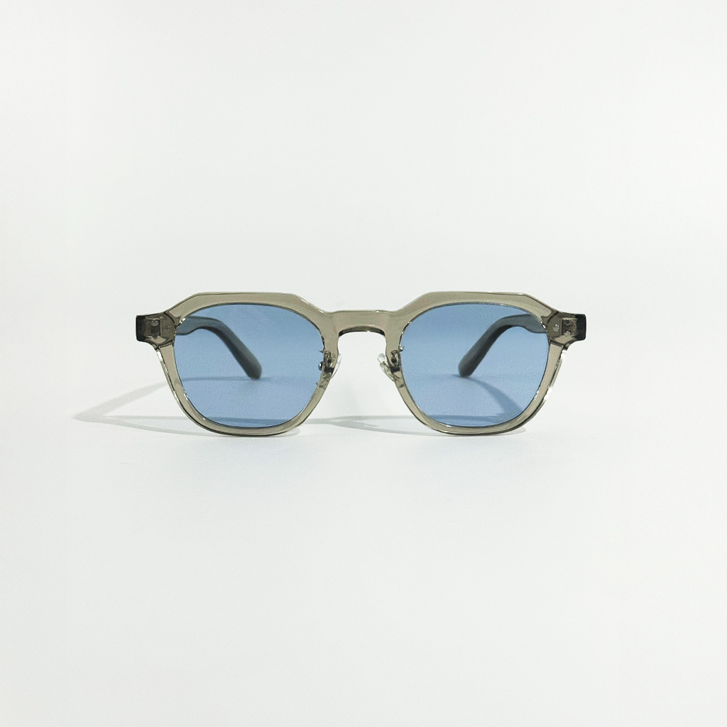Blue Mist Grey Crystal Frame Panto Sunglasses with blue UV400 lenses on a white background.