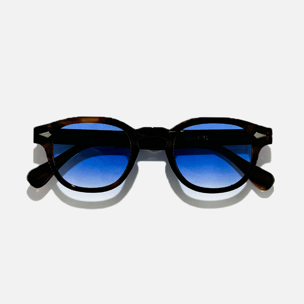 Blue Turtle SS26 Circle Collection sunglasses with dark blue gradient lenses and tortoiseshell frames.