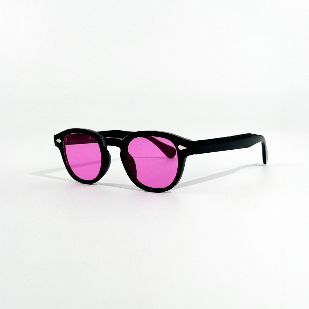 Black frame round sunglasses with electric rose pink mirror lenses.