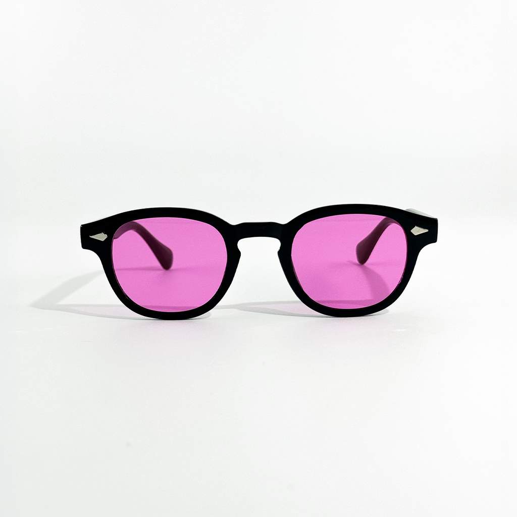 Black frame SS26 Circle sunglasses with vibrant rose pink mirrored lenses.