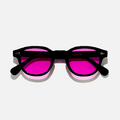 Black frame sunglasses with electric rose pink mirror lenses, UV 400 protection.
