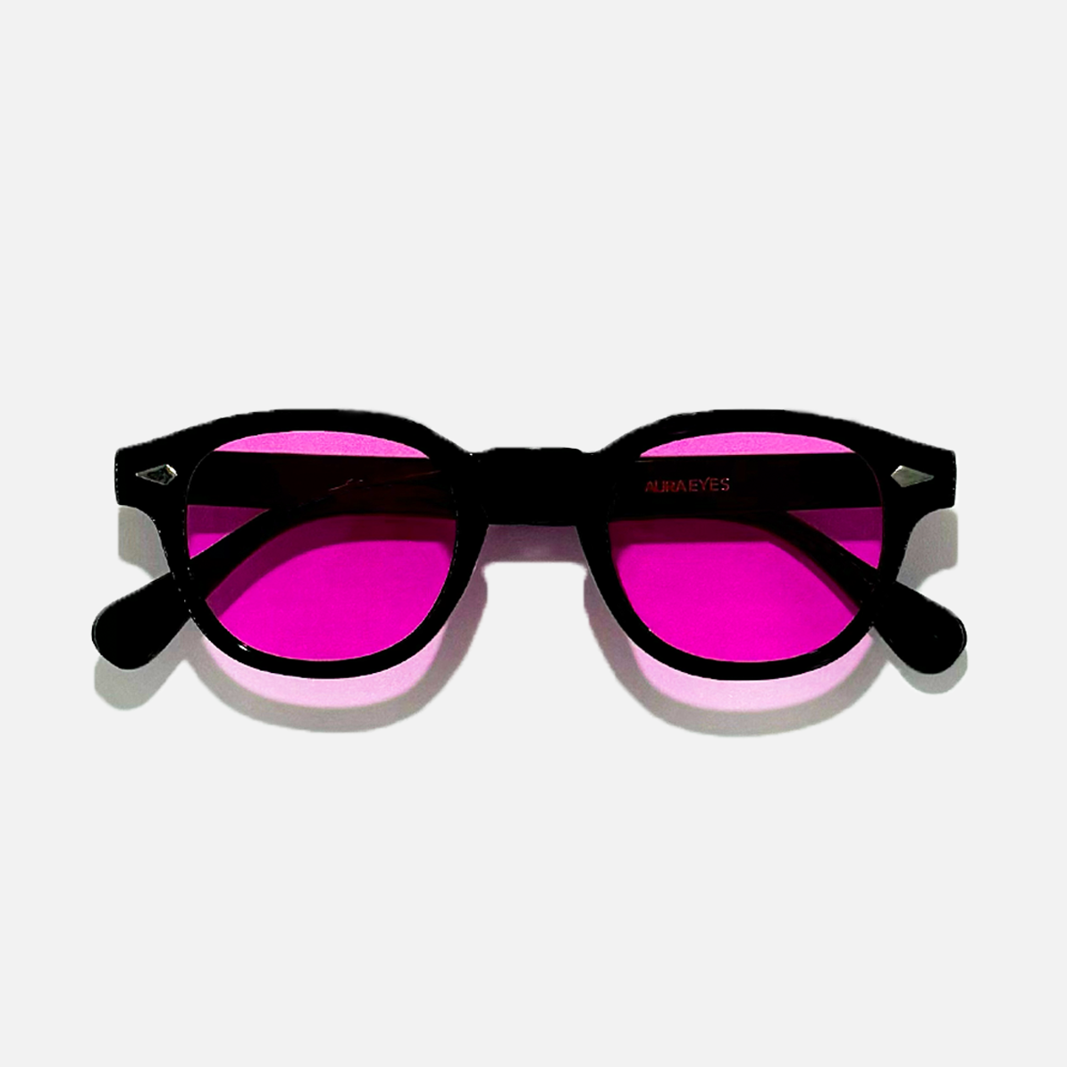 Black frame sunglasses with electric rose pink mirror lenses, UV 400 protection.