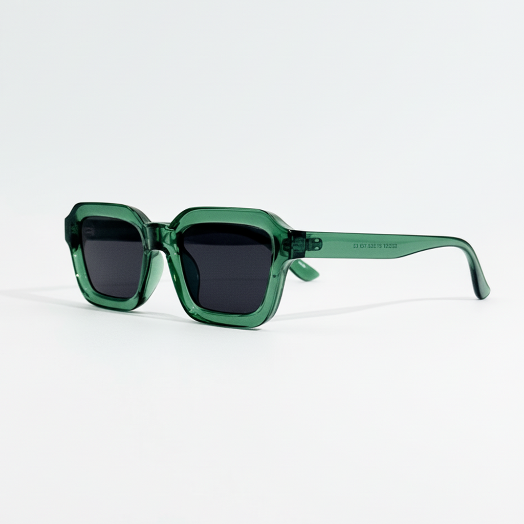 Emerald Tide green crystal frame sunglasses with dark lenses and UV400 protection.