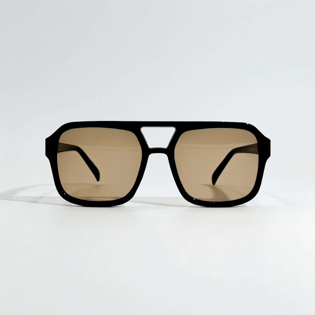 Golden Noir black frame sunglasses with gold lenses, retro aviator style.