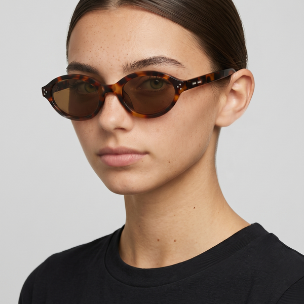 Woman wearing Havana Muse dark Havana brown oval sunglasses with polycarbonate lenses.