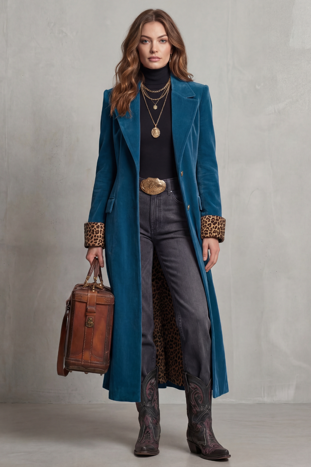Women's Long Coat with Leopard-Print Velvet Lining – Stylish Layering, Fashion Statement