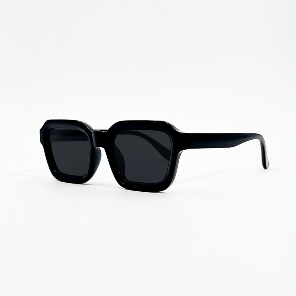 Midnight Noir black lens square sunglasses with thick frames and UV400 protection.