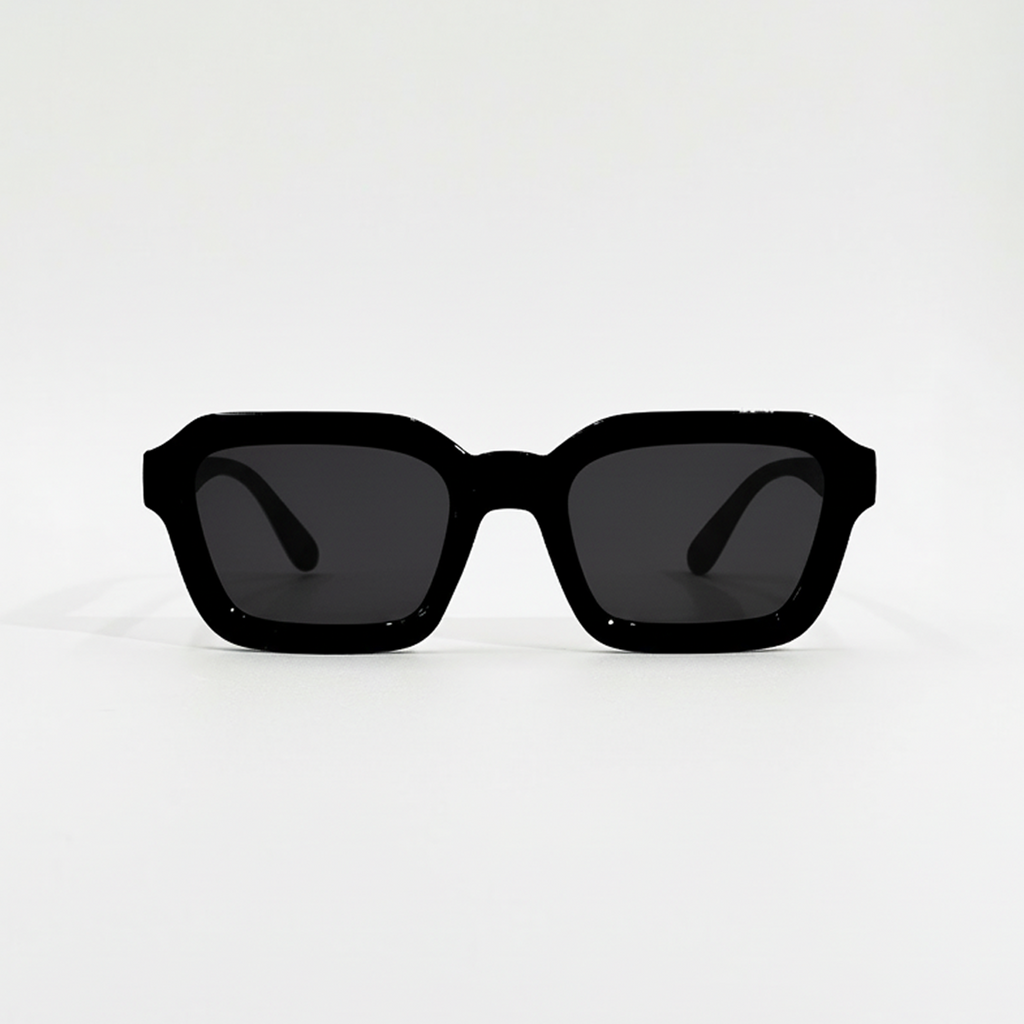 Midnight Noir black lens square sunglasses with thick frames and UV400 protection.