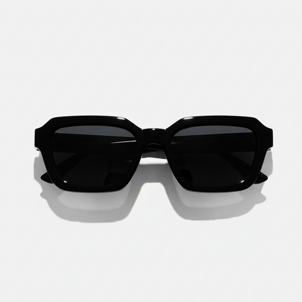Midnight Noir black lens square sunglasses with thick frames, offering UV400 protection.