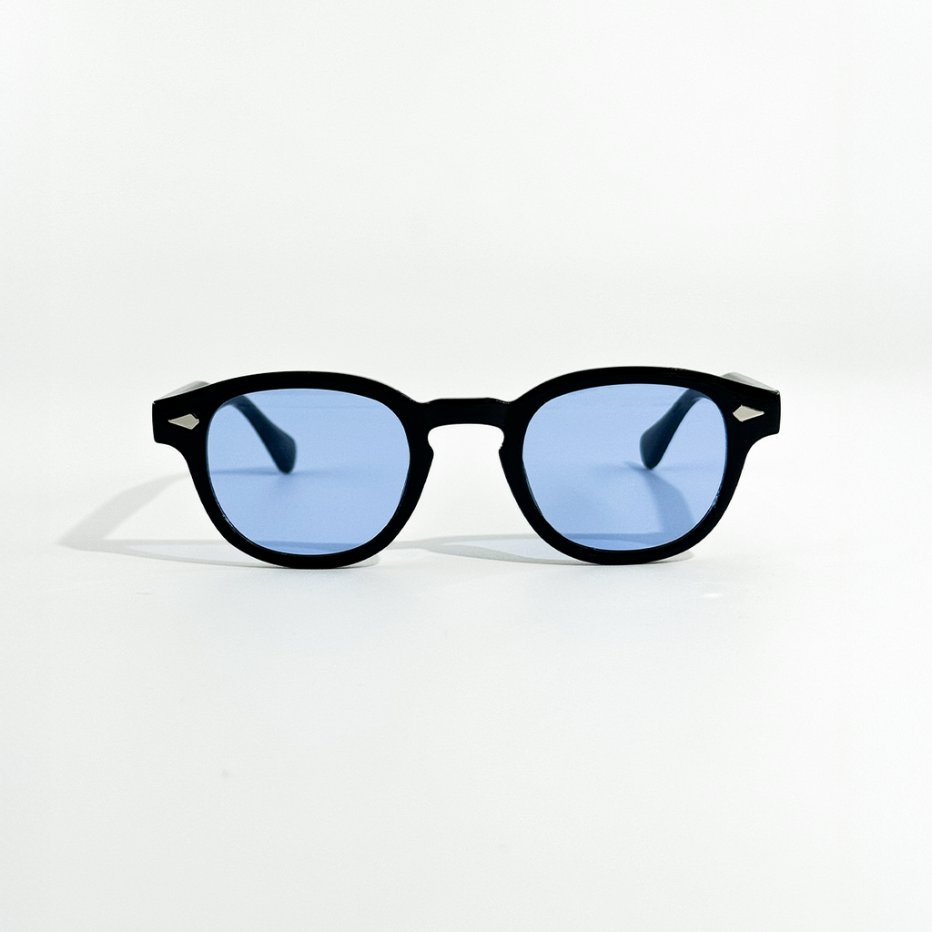 Black SS26 Circle Collection sunglasses with mystical sky blue lenses and UV 400 protection.
