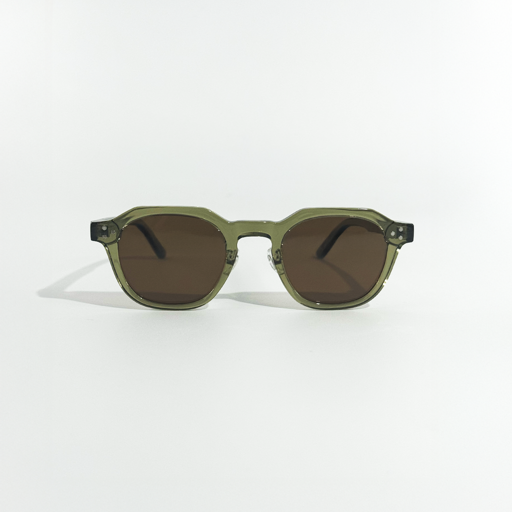 Olive Dusk panto sunglasses with crystal olive frame and brown lenses.