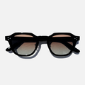 Silver Shadow panto sunglasses with black frames and silver gradient lenses, top-down view.