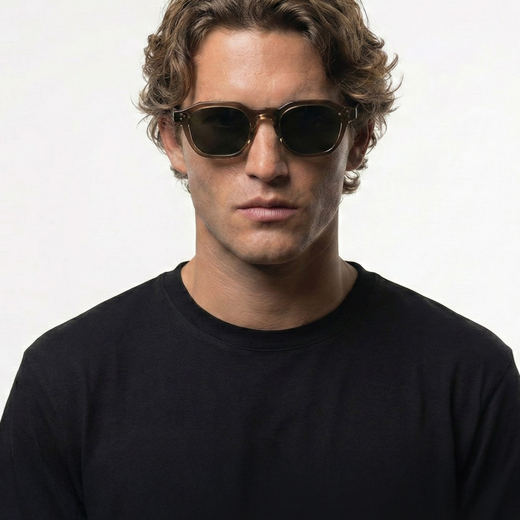 Man wearing Smoke Tide Smoke Crystal Frame Green Lens Panto Sunglasses, black t-shirt.