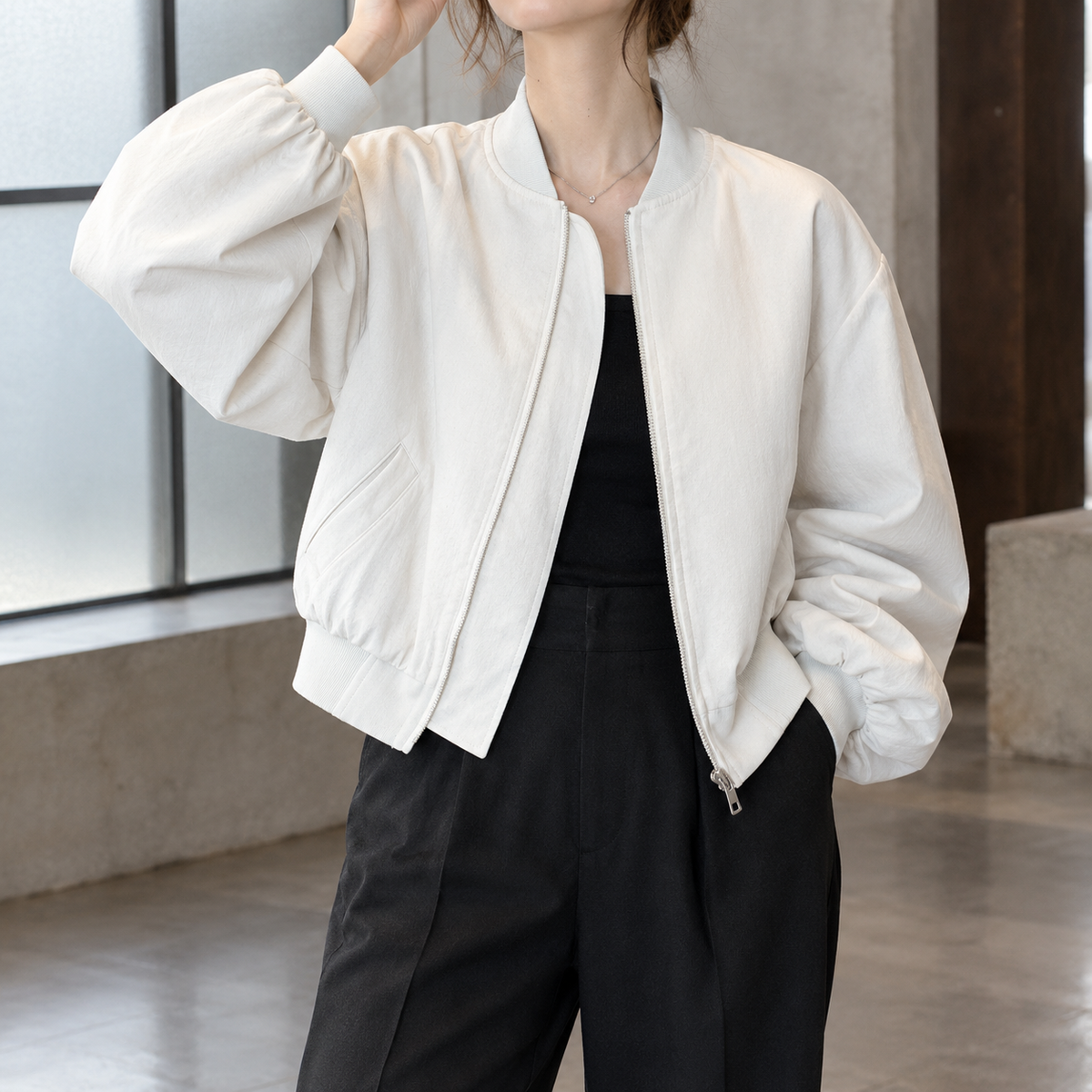 Women's Cropped Bomber Jacket with Ribbed Collar – Casual Wear, Daily Outings