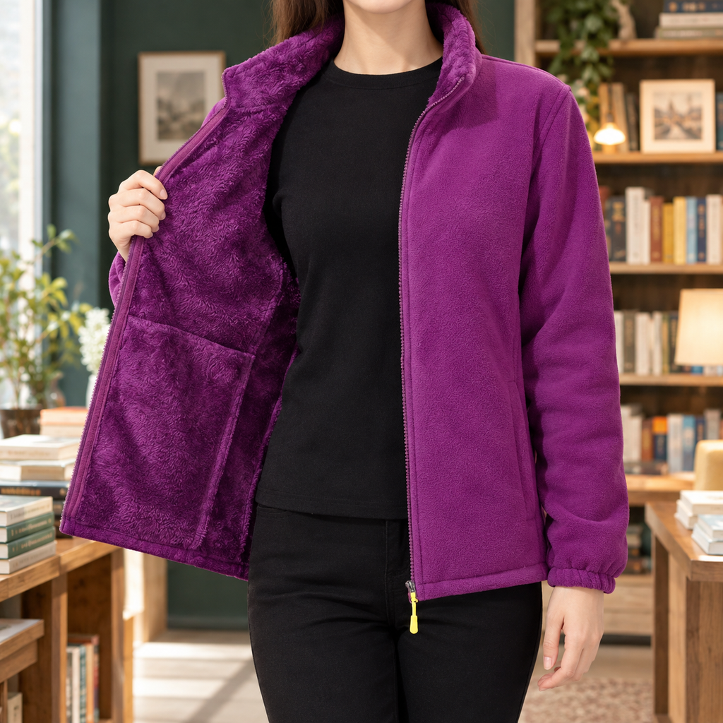 Women's Plush-Lined Zip-Up Fleece Jacket with Stand Collar – Casual Wear, Outdoor Activities