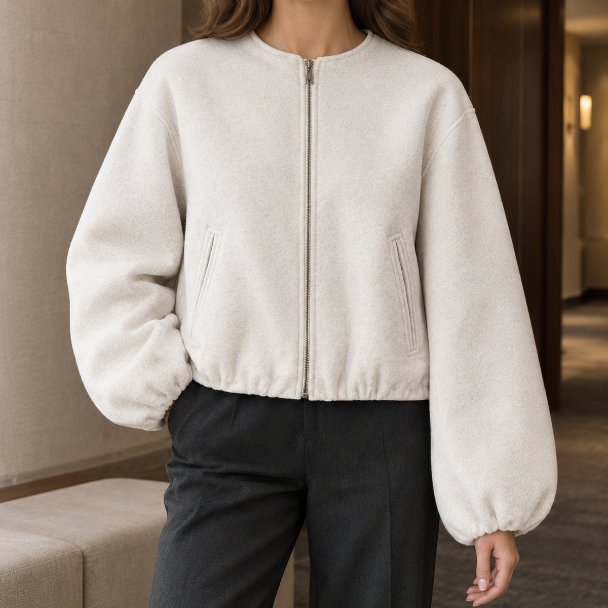 Cropped Balloon-Sleeve Zip-Up Jacket – Casual Wear, Layering