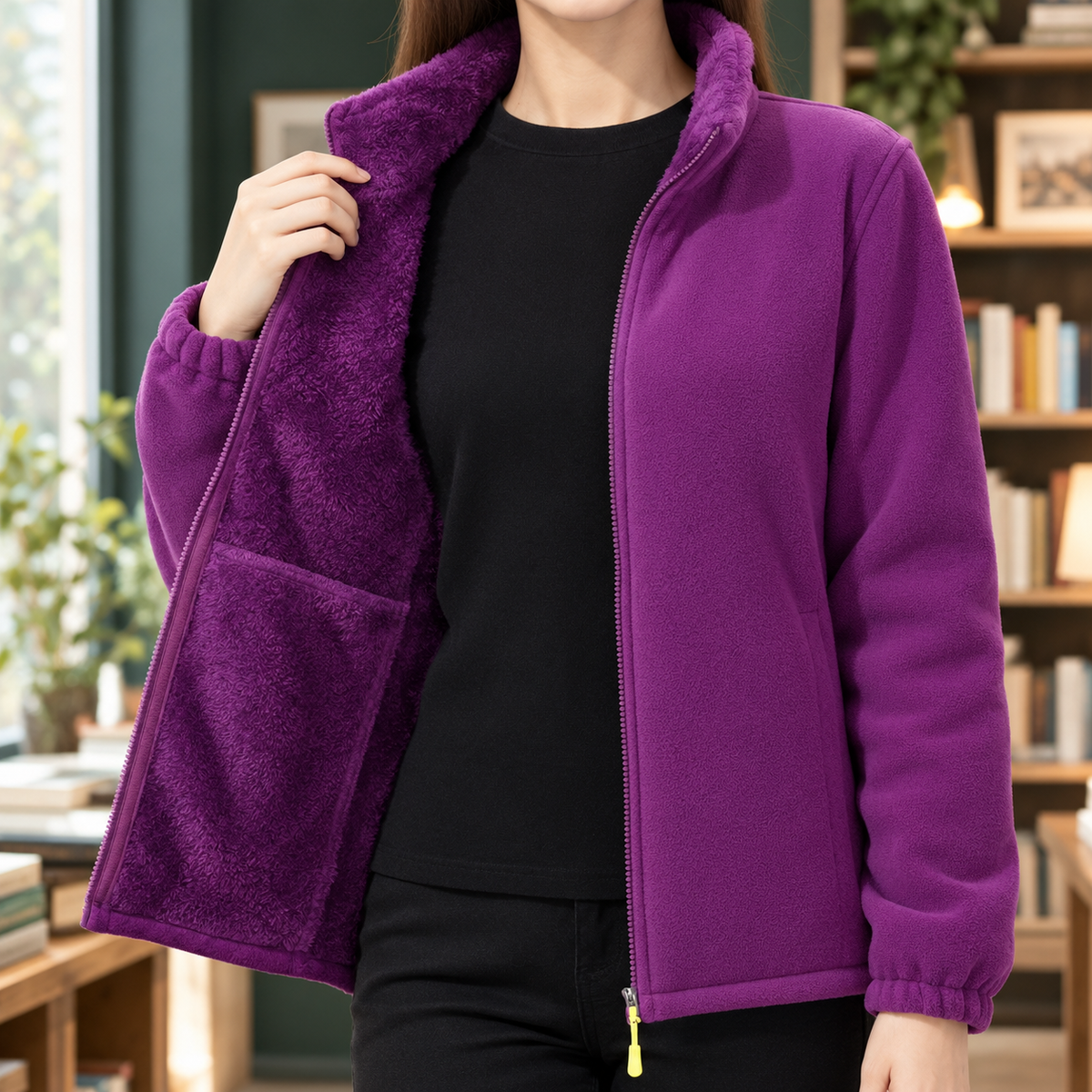 Women's Plush-Lined Zip-Up Fleece Jacket with Stand Collar – Casual Wear, Outdoor Activities