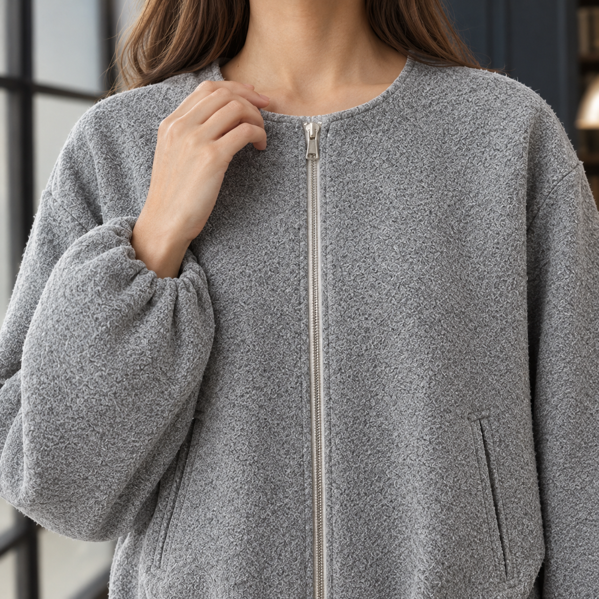 Women's Cropped Zip-Front Jacket with Balloon Sleeves – Casual Wear, Layering