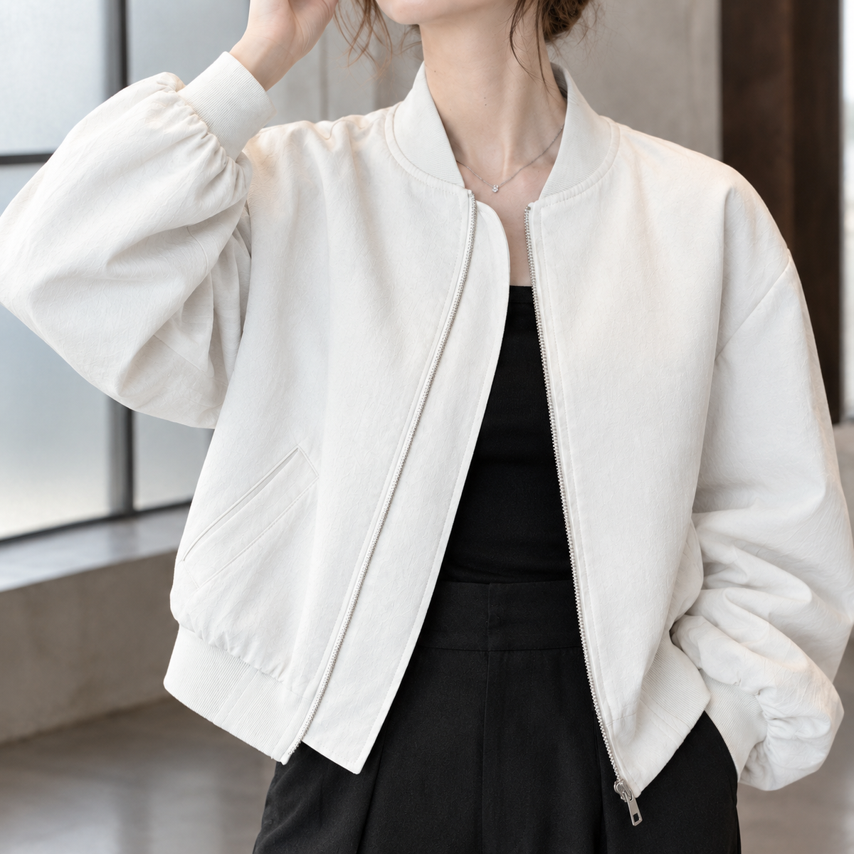 Women's Cropped Bomber Jacket with Ribbed Collar – Casual Wear, Daily Outings